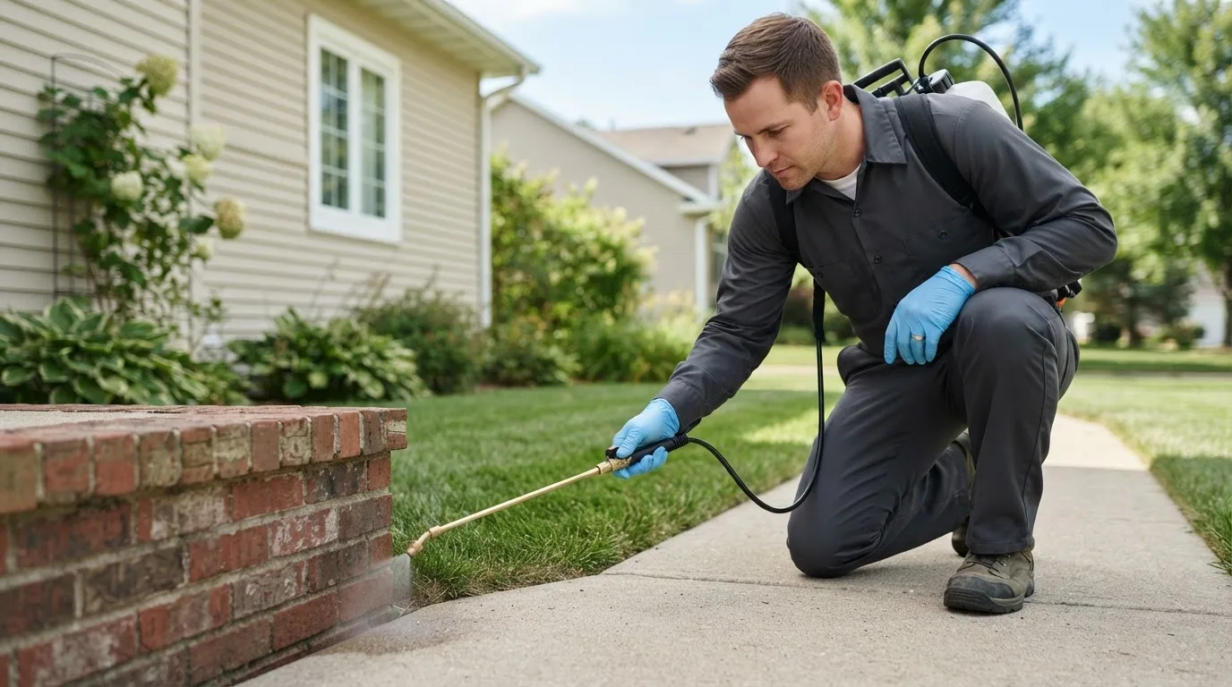 Pest control technician treating a home near Neosho Rapids, KS